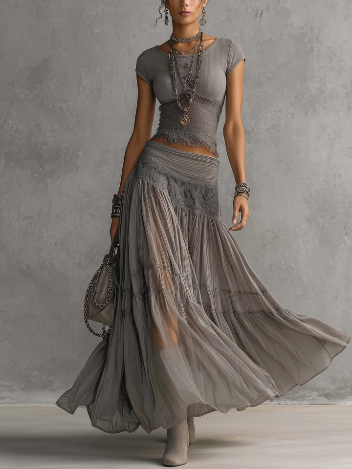 Patricia Lace-Paneled Pleated Maxi Skirt Set