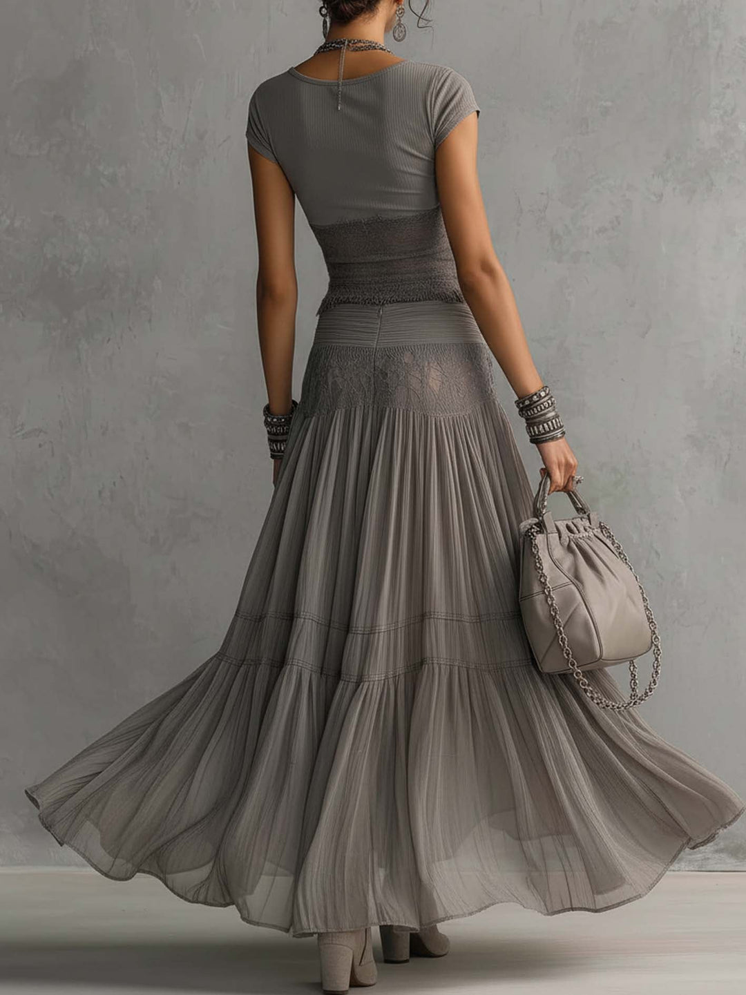 Patricia Lace-Paneled Pleated Maxi Skirt Set
