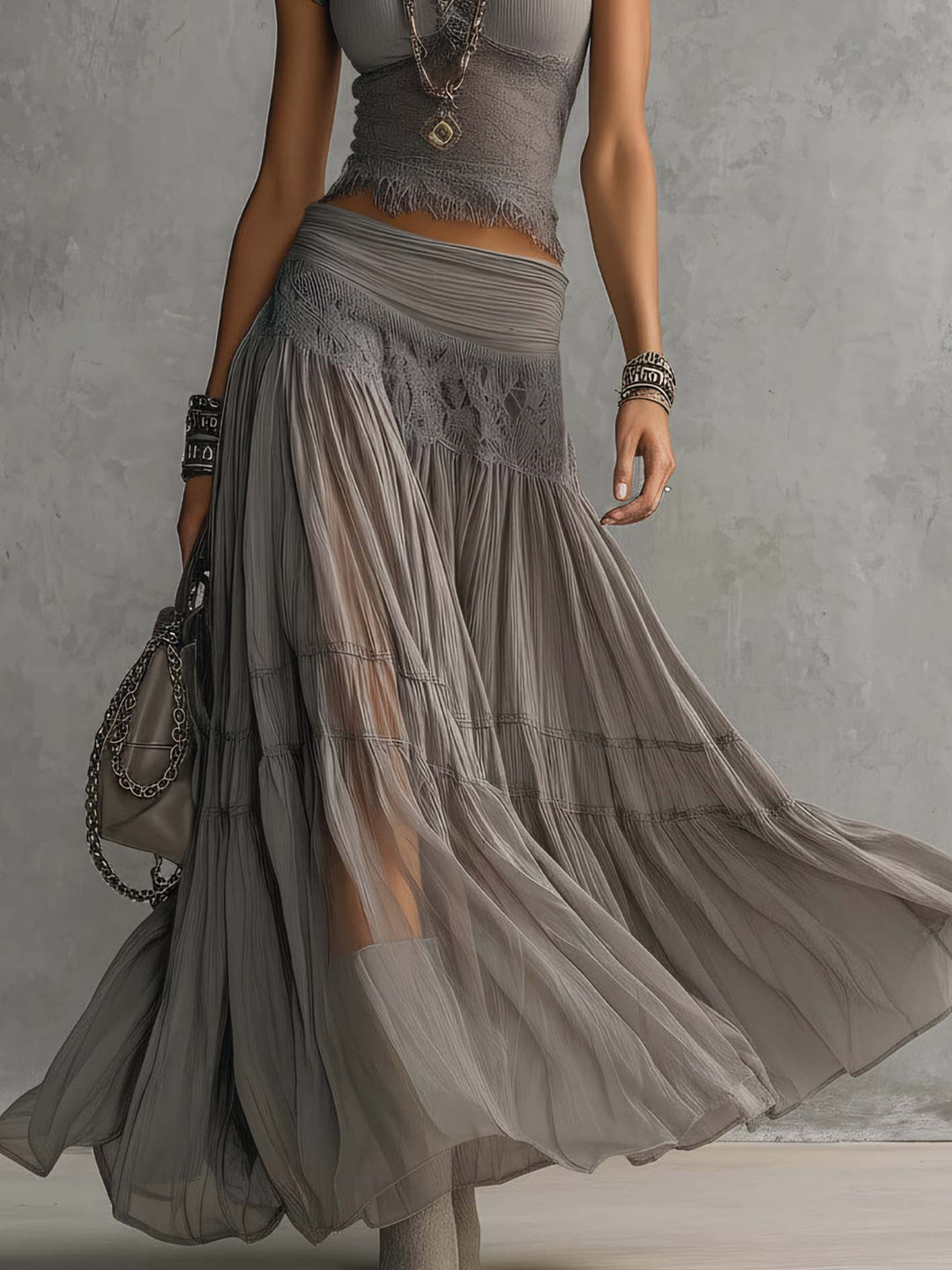 Patricia Lace-Paneled Pleated Maxi Skirt Set