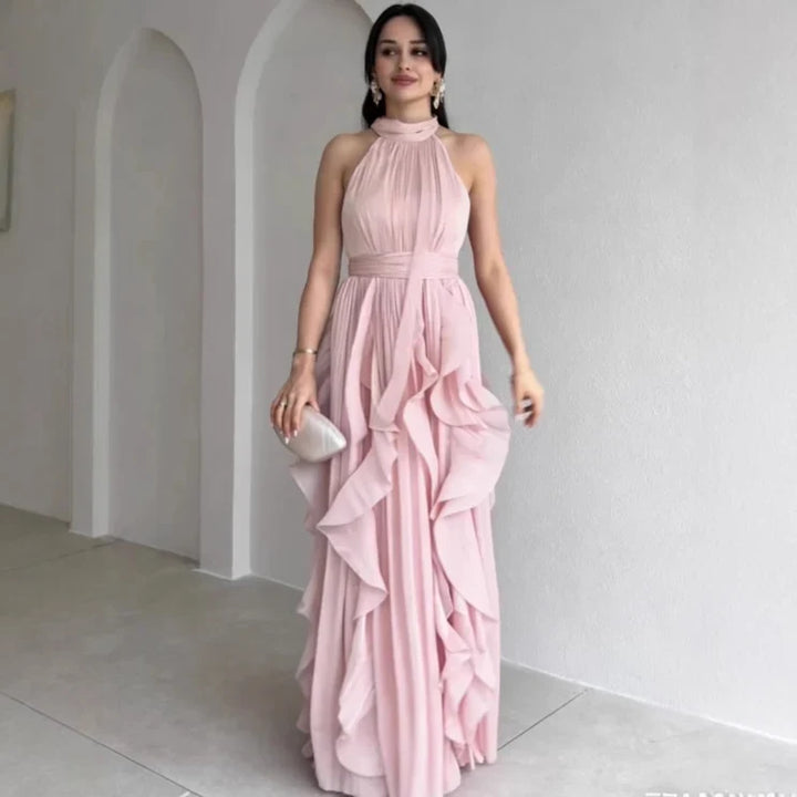 Orea™ High Neck Gathered Ruffle Layers Maxi Dress