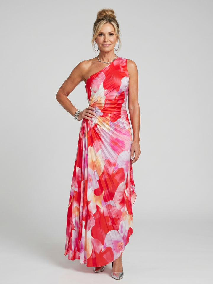 Taya | One-Shoulder Midi Dress with Pleated Bodice