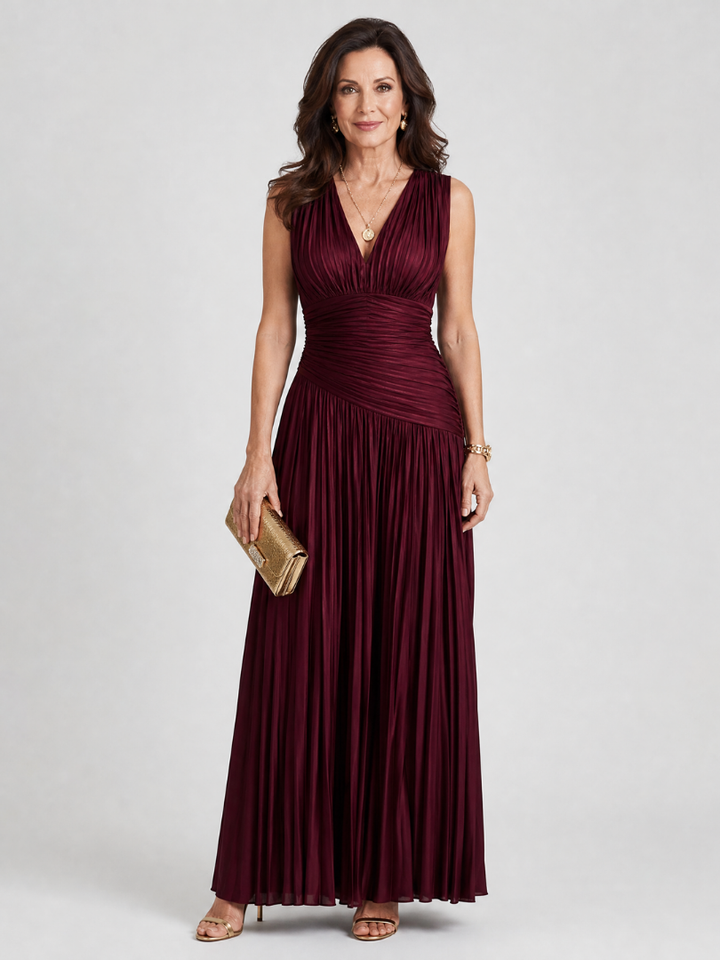 LEMAR | SLEEVELESS PLEATED V NECK MIDI DRESS