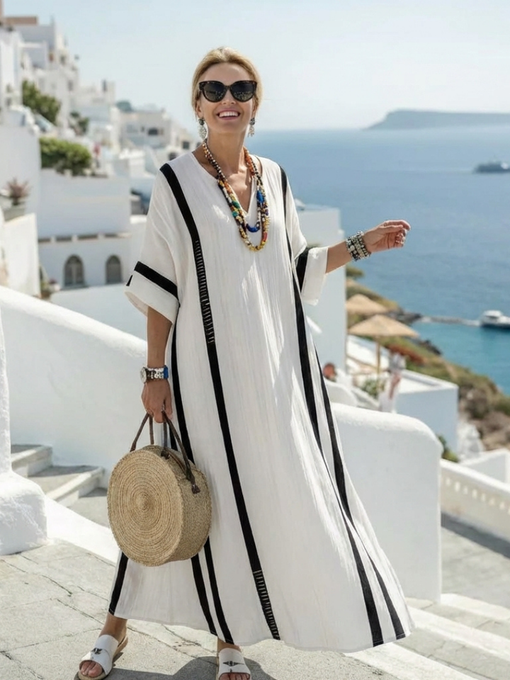 ELVIENNE | SHORT SLEEVE COLOR BLOCK STRIPED MAXI DRESS