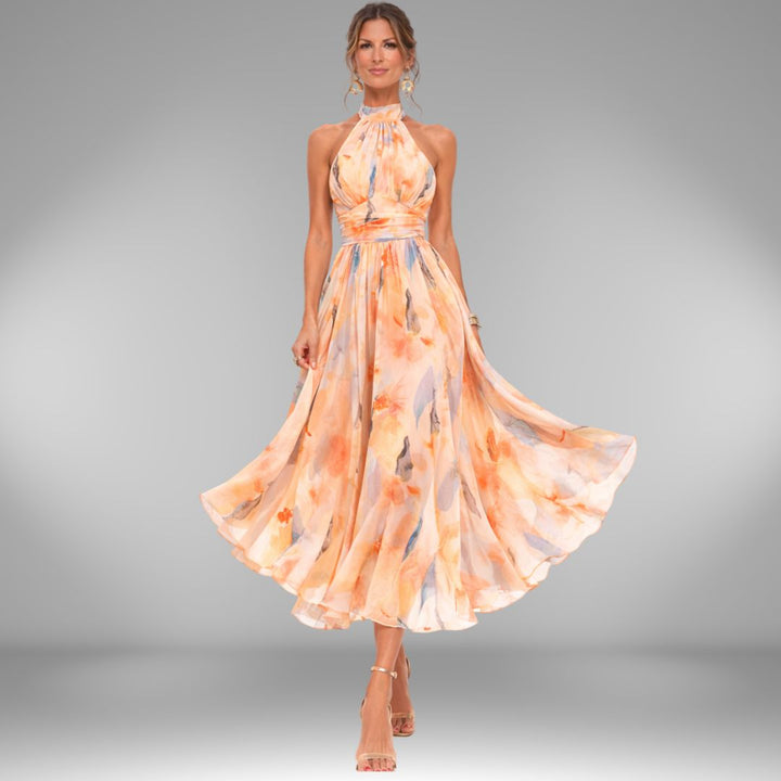AURORA | DRESS WITH HALTER NECK AND WATERCOLOR PRINT