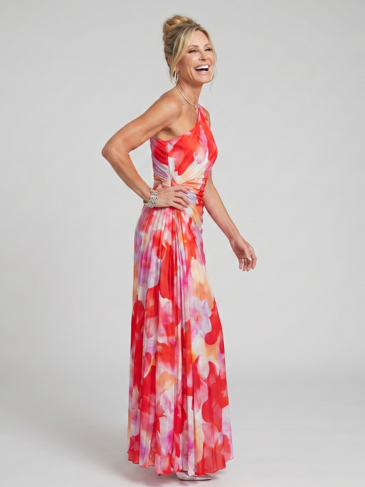 Taya | One-Shoulder Midi Dress with Pleated Bodice