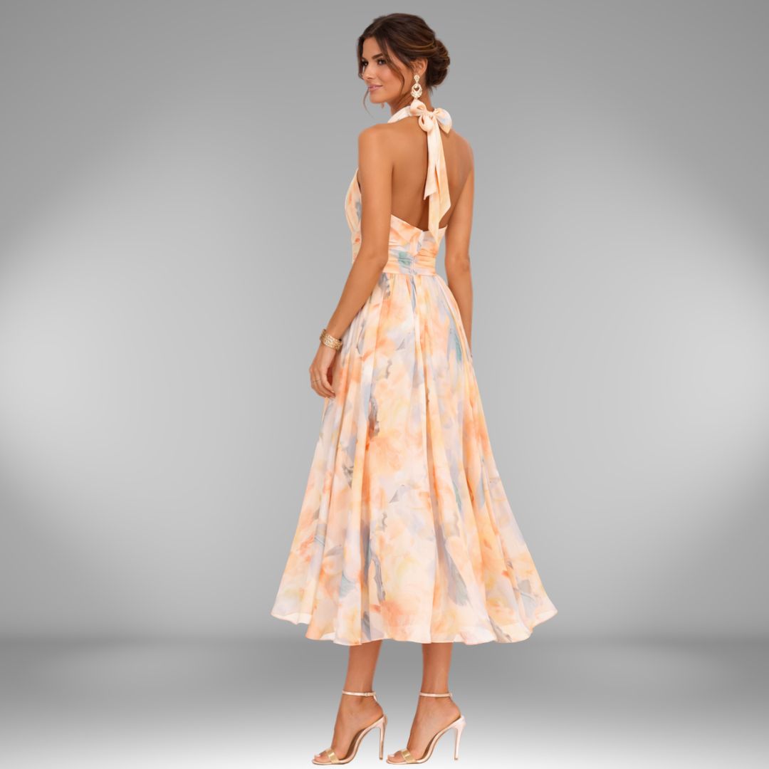 AURORA | DRESS WITH HALTER NECK AND WATERCOLOR PRINT