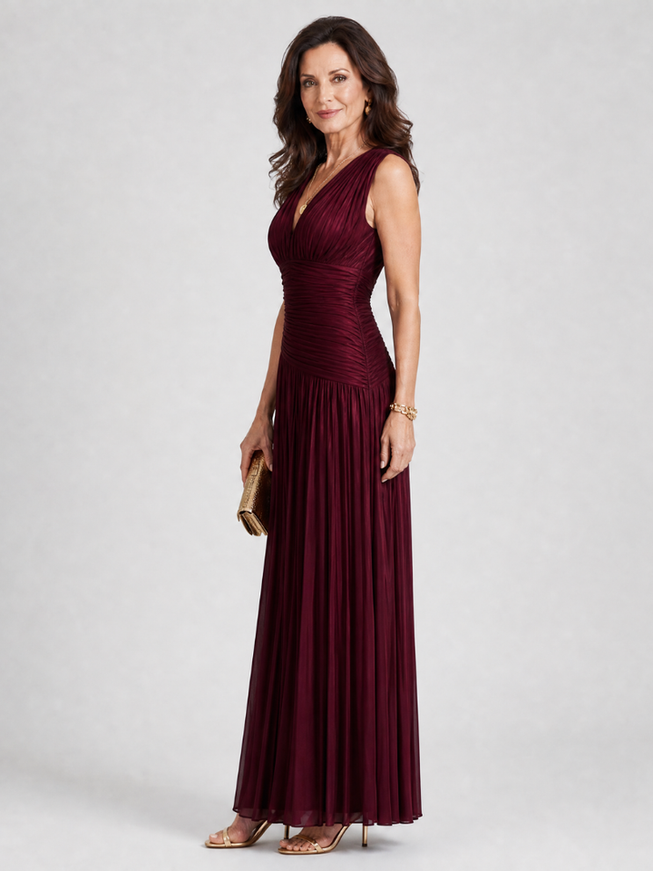 LEMAR | SLEEVELESS PLEATED V NECK MIDI DRESS