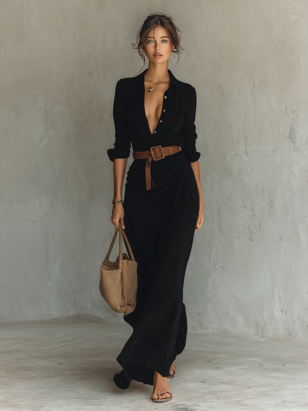 Collette | Notch-Collar Long Sleeve Maxi Dress