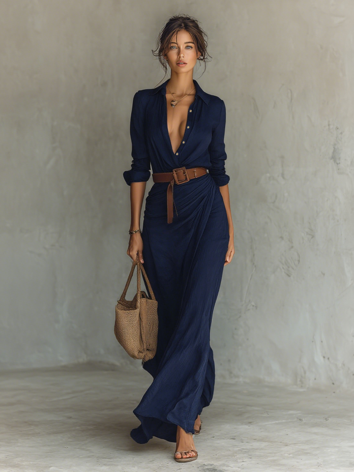 Collette | Notch-Collar Long Sleeve Maxi Dress