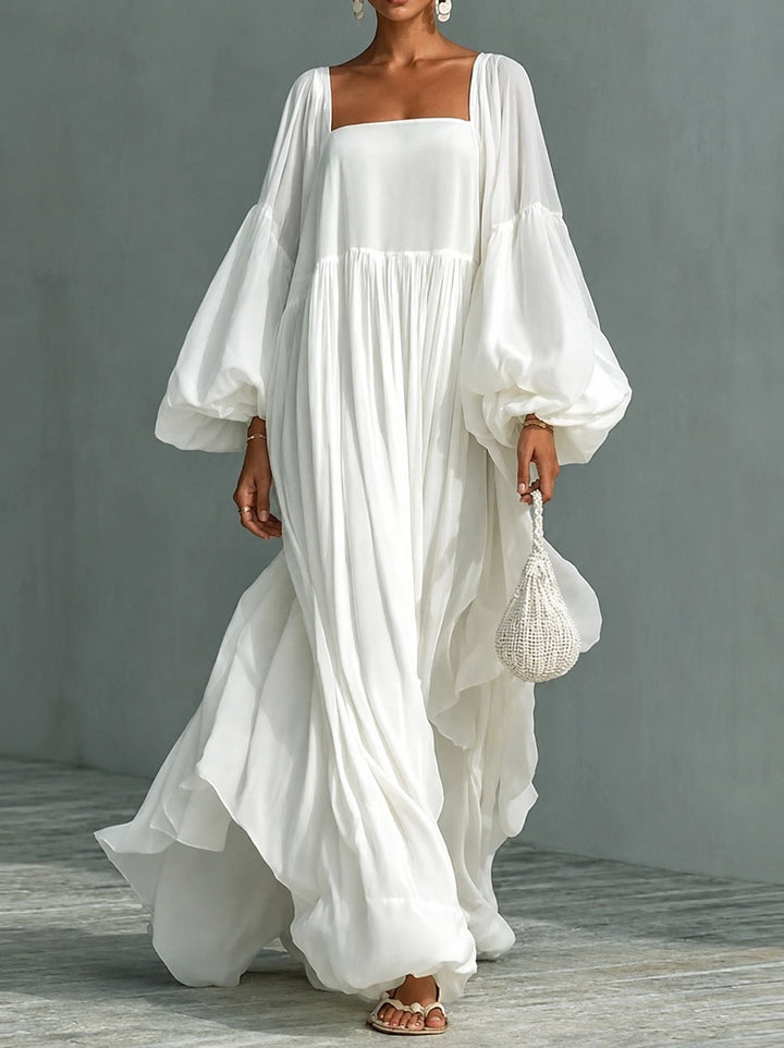 Caroline Square-Neck Puff-Sleeve Maxi Dress