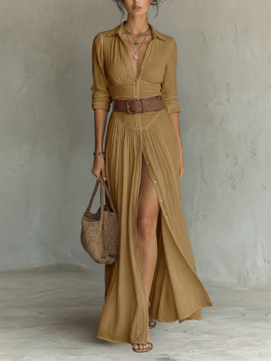 Margot | Notched-Collar Long Sleeve Maxi Dress