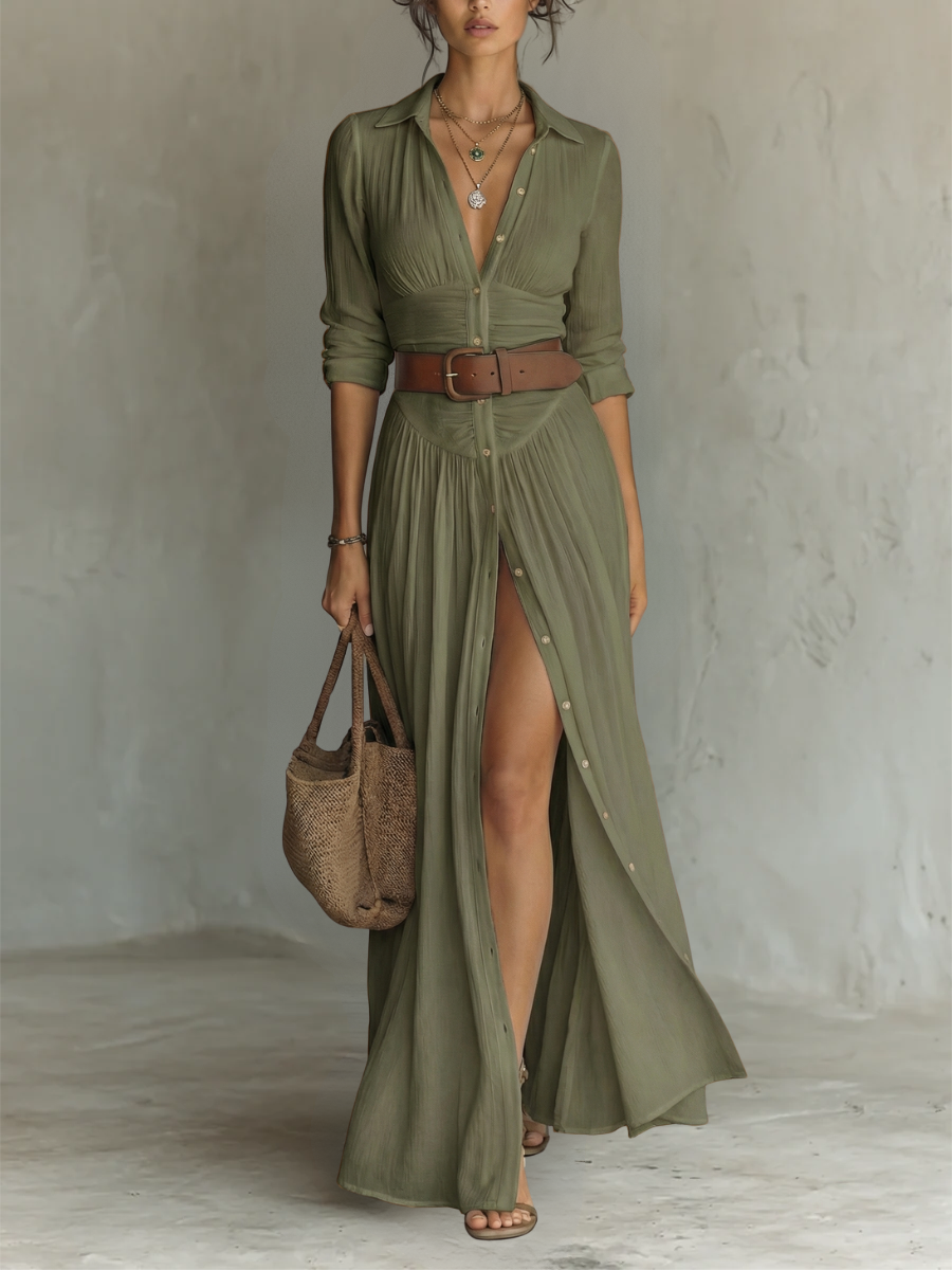 Margot | Notched-Collar Long Sleeve Maxi Dress
