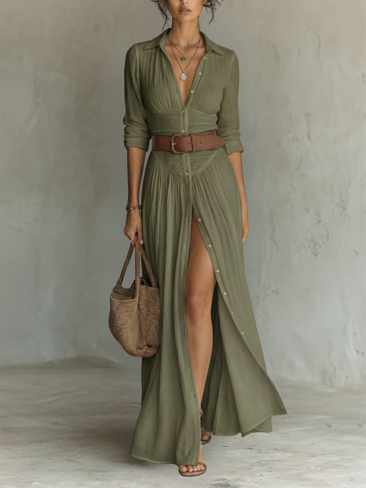Margot | Notched-Collar Long Sleeve Maxi Dress