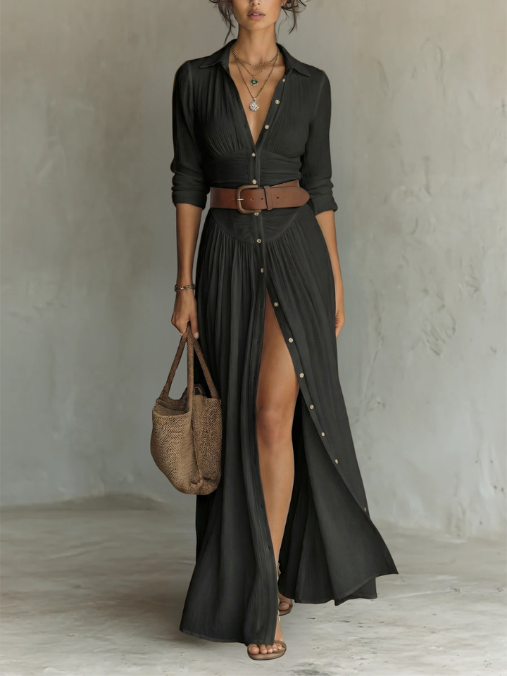 Margot | Notched-Collar Long Sleeve Maxi Dress