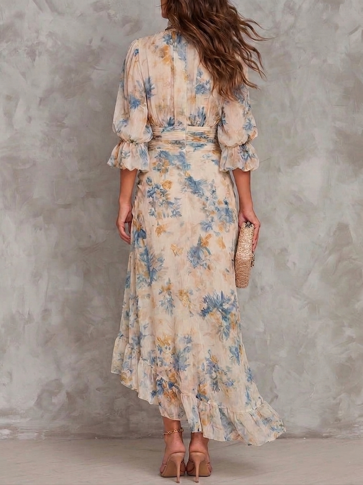 Turtleneck Floral Print Irregular Chiffon Maxi Dress for Women