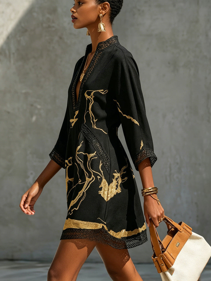 Black Gold Printed V-neck Crochet Lace Mini Dress