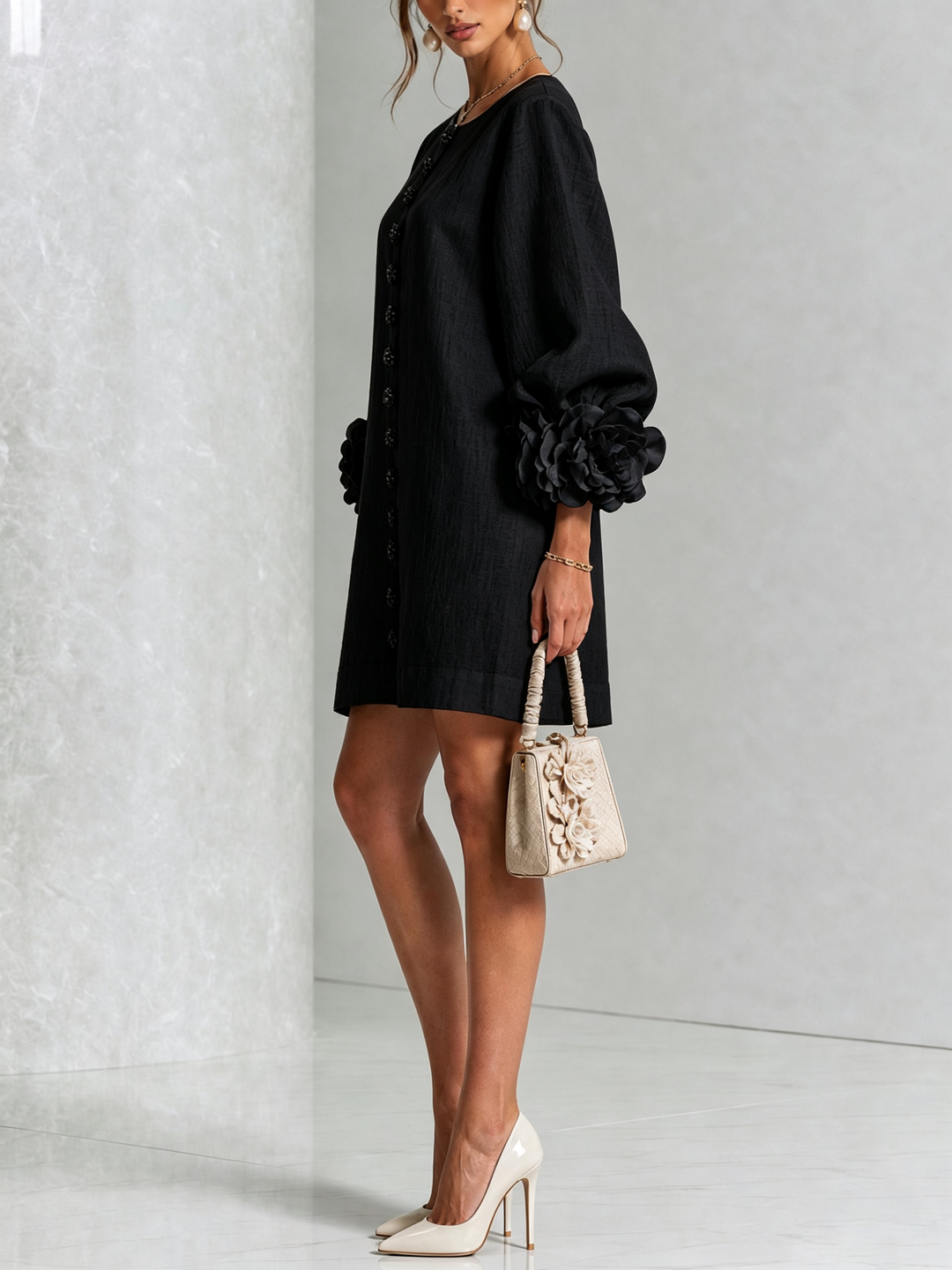 Rosamund | Floral-Cuff Button Mini Dress
